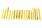 Different golden pencils and pens lie in a row on a white background. Lots of gold writing supplies of different types