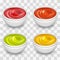 Different gourmet sauces, mustard, ketchup, soy, marinade on transparent background
