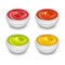 Different gourmet sauces, mustard, ketchup, soy, marinade in white small dishes vector set