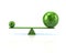 Different green spheres balancing on a seesaw