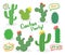 Different green succulent plants with flowers icon set isolated, cactus party, hola, vector illustration.