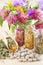 Different healing herbs in glass bottles