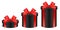 Different height round shape black gift boxes wrapped with red ribbons, vector illustration.