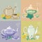 Different Herbal Tea in Cups and Teapots