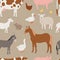 Different home farm vector animals and birds like cow, sheep, pig, duck farmland set illustration seamless pattern