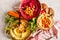 Different hummus bowls. Chickpea hummus, avocado hummus and beet