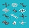 Different isometric 3d drones. Aerial delivery and photo robots vector set