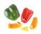 Different juicy bell peppers on background