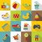 Different kids toys icons set, flat style
