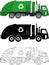 Different kind garbage trucks on white background in flat style: colored, black silhouette and contour. Vector