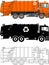 Different kind garbage trucks on white background in flat style: colored, black silhouette and contour. Vector