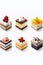 Different kind of sweet dessert on white background. Generative AI.