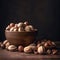 Different kinds of nuts in wooden bowl in shell on dark background. AI generated