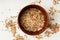 Different kinds on rice mixed together in a bowl on white background, top view