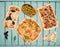 Different kinds of small pizza on rustic shabby chic background. Various homemade pizza, dinner party at home, top view