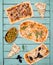 Different kinds of small pizza on rustic shabby chic background. Various homemade pizza, dinner party at home, top view