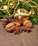 Different kinds of spices, nuts, cone and Christmas decorations