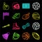 Different kinds of sports neon icons in set collection for design. Sport equipment vector symbol stock web illustration.