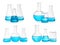 Different laboratory glassware with light blue samples on white background, collage