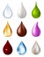 Different liquids drops. Colorful droplets of honey, milk, water, chocolat, blood. Falling drops realistic 3d vector set