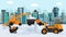 Different machines in winter removing snow vector illustration. Big and small wheeled snow blowers, lorry, tipper truck