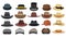 Different male hats. Fashion and vintage man hat collection image, derby and bowler, cowboy and peaked cap, straw hats