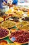 Different marinated olives on provencal street market in Provence, France.