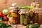 Different marinated vegetables: cucumbers, tomatoes, cabbage, zucchini and peppers, cucumbers in grape leaves, cucumbers with