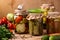 Different marinated vegetables: cucumbers, tomatoes, cabbage, zucchini and peppers, cucumbers in grape leaves, cucumbers with