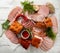 Different Meat  snack plate smoked top view pork bacom ham