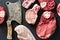 Different meats pork chicken fillet beef butcher knife black background top view