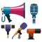 Different microphones types icons journalist vector interview music broadcasting vocal tool tv tool.