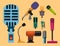 Different microphones types icons journalist vector interview music broadcasting vocal tool tv tool.