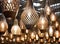 Different modern streamlined mirror copper chandeliers. Bubble metal copper shade pendant. Created with Generative AI