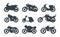 Different motorized vehicles black glyph icons set