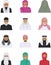 Different muslim arab people characters avatars icons set in flat style isolated on white background.