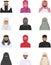 Different muslim arab people characters avatars icons set in flat style isolated on white background. Differences