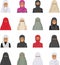 Different muslim arab people characters avatars icons set in flat style on white background. Differences