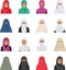 Different muslim arab people characters avatars icons set in flat style on white background. Differences