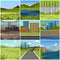 Different natural summer landscapes set, scenes of city, factory, forest, field, hills, road, river and lake