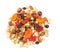 Different nuts, dried fruits and berries on white background, top view