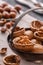 Different nuts on rustic table. hazelnut, walnuts