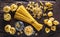 Different pasta types on the wooden table.