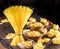 Different pasta types on wooden table.