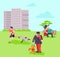 Different people with dogs puppy outdoor in urban park vector illustration. Blind disabled man with cane and guide pet