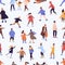 Different people skating on a skating rink seamless pattern. Various man, woman and children ride on ice skates vector