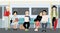 Different people at subway. Trendy young girls and guys at underground train. Horizontal colorful vector illustration in