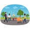 Different people are on their daily goings in the park vector illustration. People walking in city park.