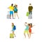 Different people travelers and vacationers with suitcases,cellph