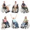 Different people in wheelchair on white background